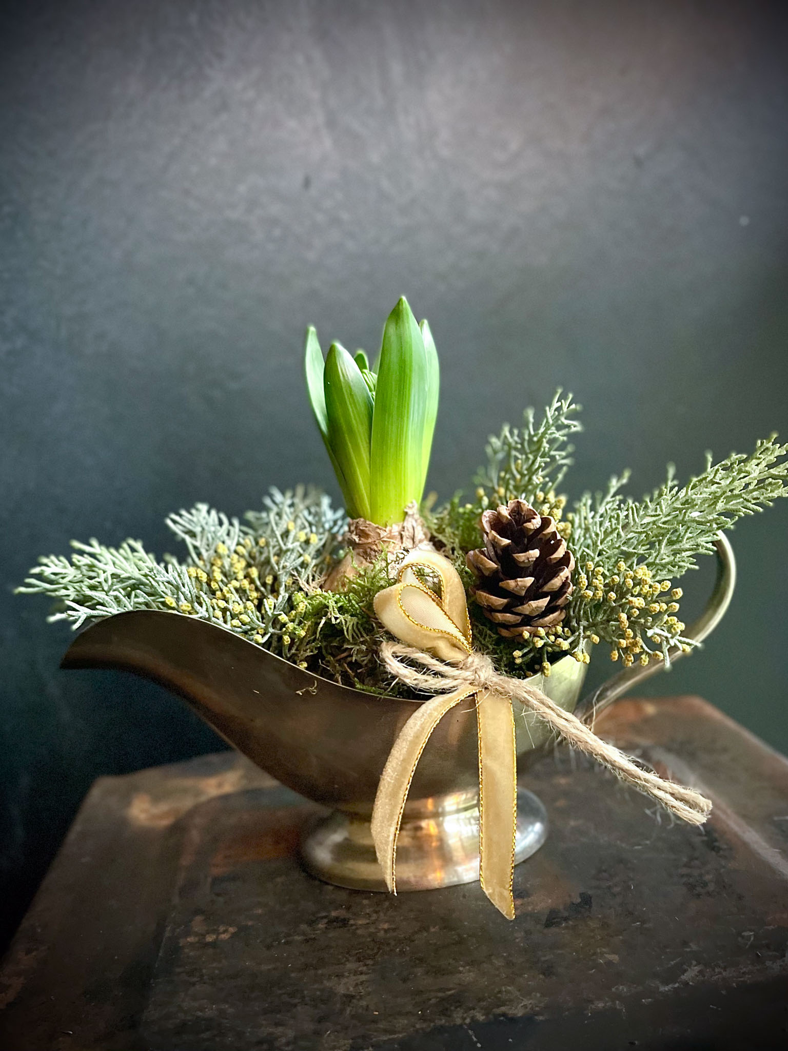 hyasintti metallisessa kastikekulhossa